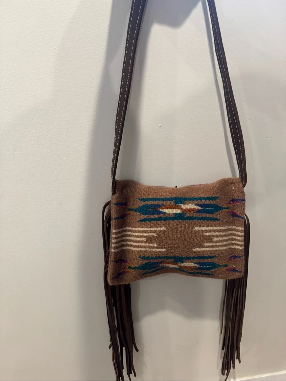 Southwestern Woven Wool Blanket Fringe Crossbody Bag with Rhinestone Concho